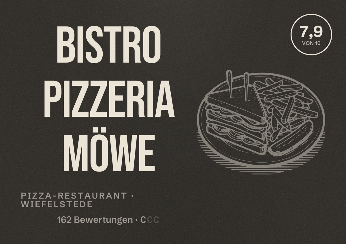 Illustriertes Poster von Bistro Pizzeria Möwe, Pizza-Restaurant in Wiefelstede: Bewertung 7,9 von 10 aus 162 Bewertungen, Preisniveau €