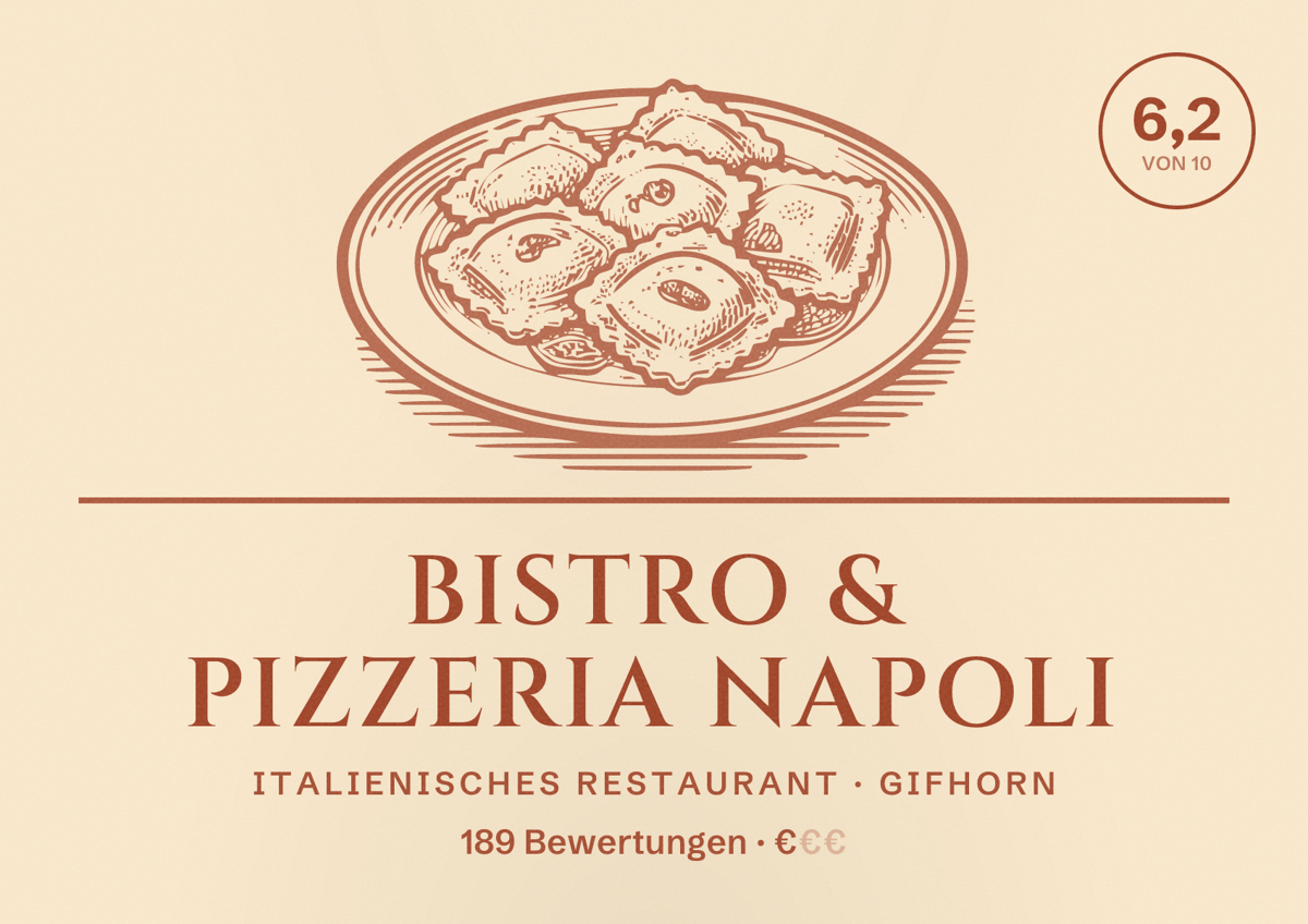 Illustriertes Poster von Bistro & Pizzeria Napoli, Italienisches Restaurant in Gifhorn: Bewertung 6,2 von 10 aus 189 Bewertungen, Preisniveau €