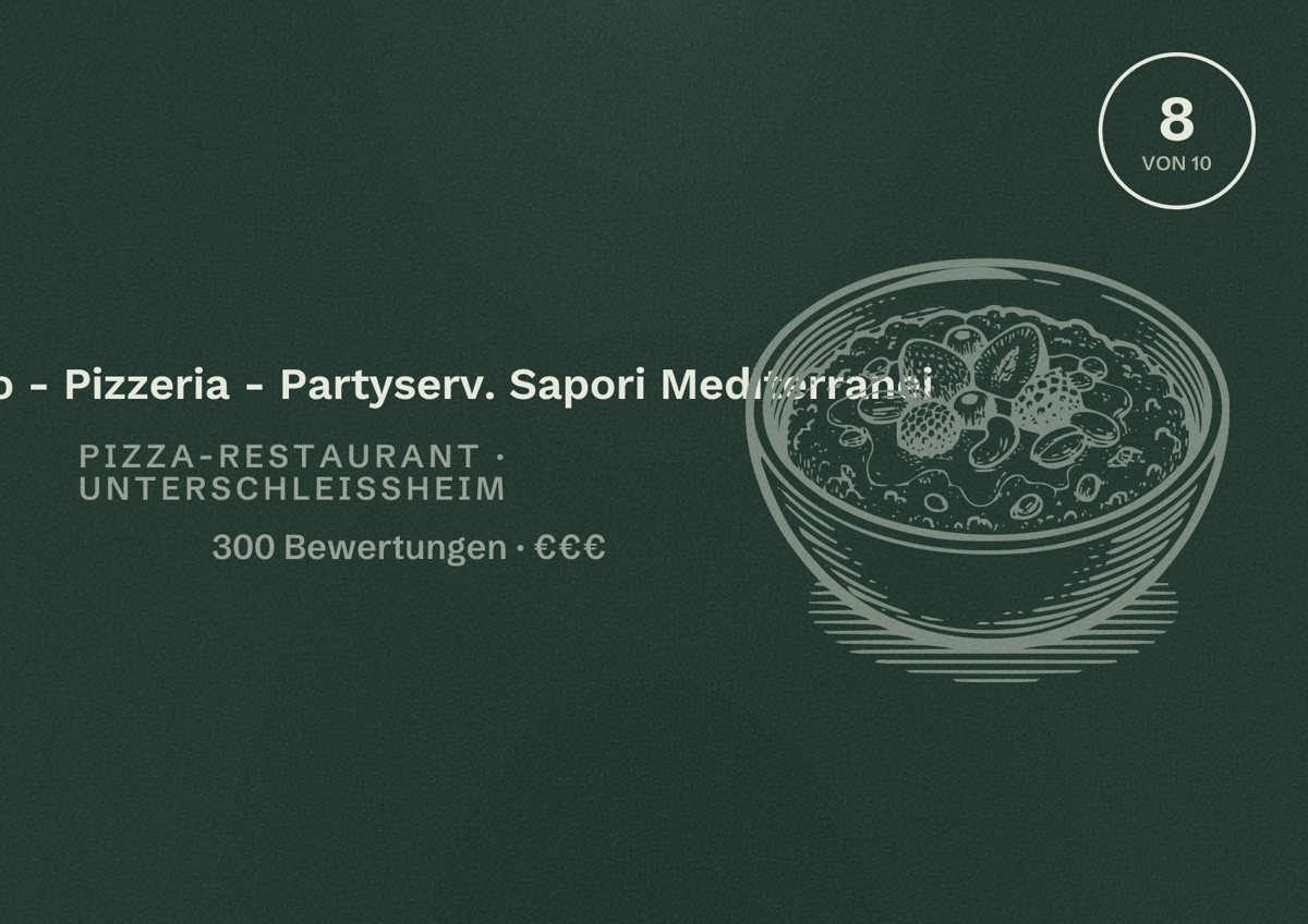 Illustriertes Poster von Bistro - Pizzeria - Partyserv. Sapori Mediterranei, Pizza-Restaurant in Unterschleißheim: Bewertung 8 von 10 aus 300 Bewertungen, Preisniveau €€€