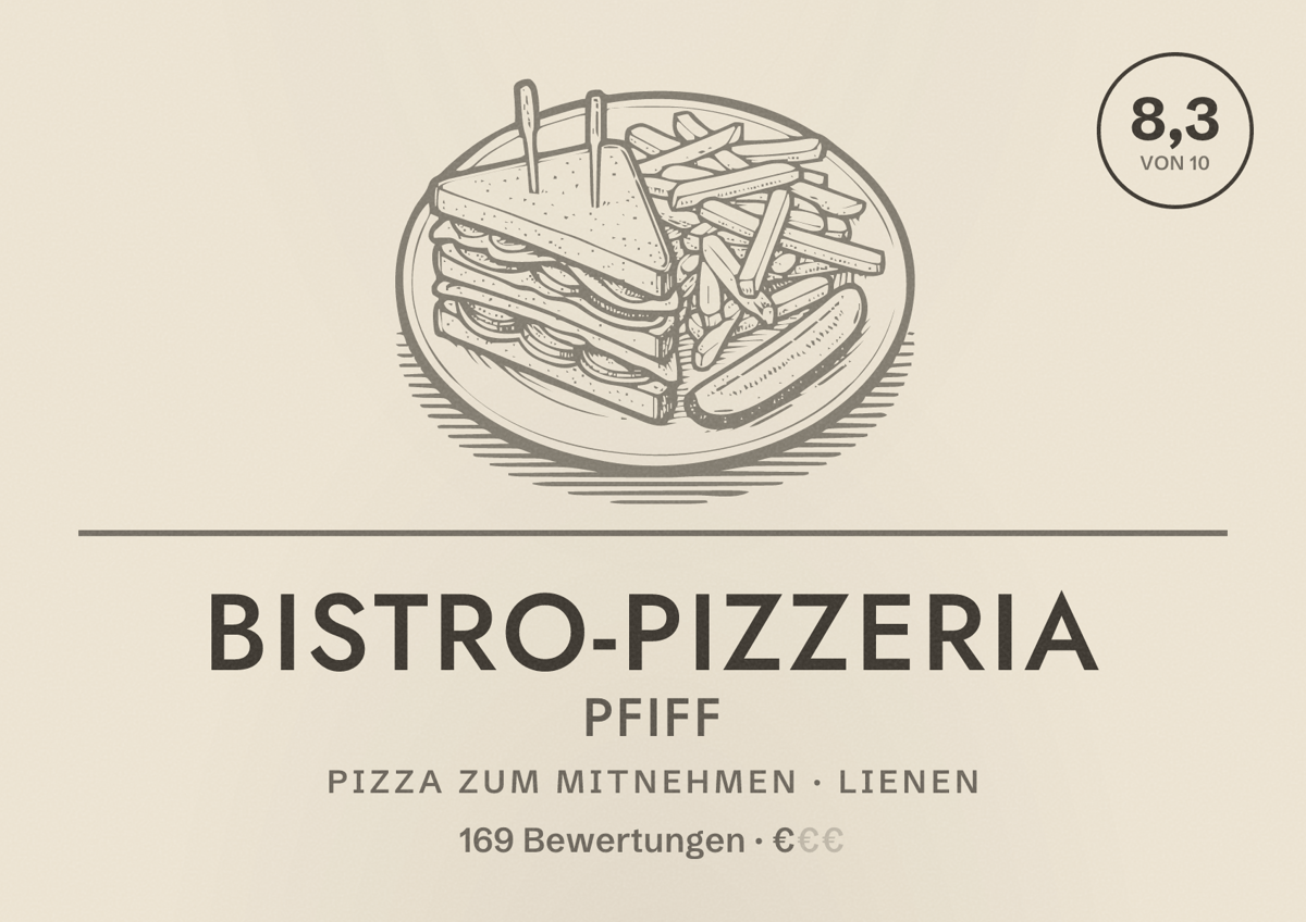 Illustriertes Poster von Bistro-Pizzeria Pfiff, Pizza zum Mitnehmen in Lienen: Bewertung 8,3 von 10 aus 169 Bewertungen, Preisniveau €