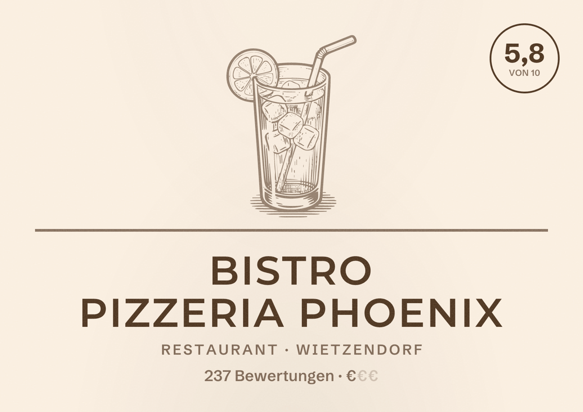 Illustriertes Poster von Bistro Pizzeria Phoenix, Restaurant in Wietzendorf: Bewertung 5,8 von 10 aus 237 Bewertungen, Preisniveau €