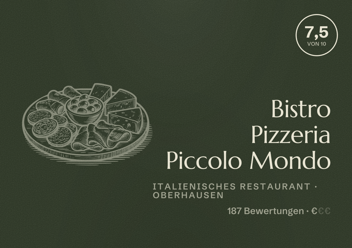 Illustriertes Poster von Bistro Pizzeria Piccolo Mondo, Italienisches Restaurant in Oberhausen: Bewertung 7,5 von 10 aus 187 Bewertungen, Preisniveau €