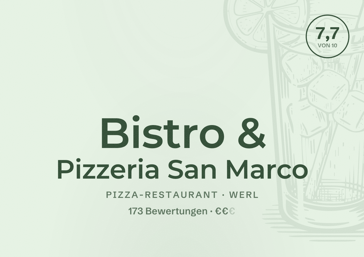 Illustriertes Poster von Bistro & Pizzeria San Marco, Pizza-Restaurant in Werl: Bewertung 7,7 von 10 aus 173 Bewertungen, Preisniveau €€