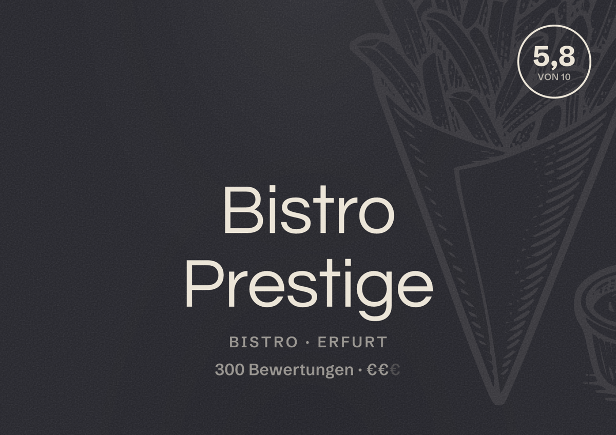 Illustriertes Poster von Bistro Prestige, Bistro in Erfurt: Bewertung 5,8 von 10 aus 300 Bewertungen, Preisniveau €€