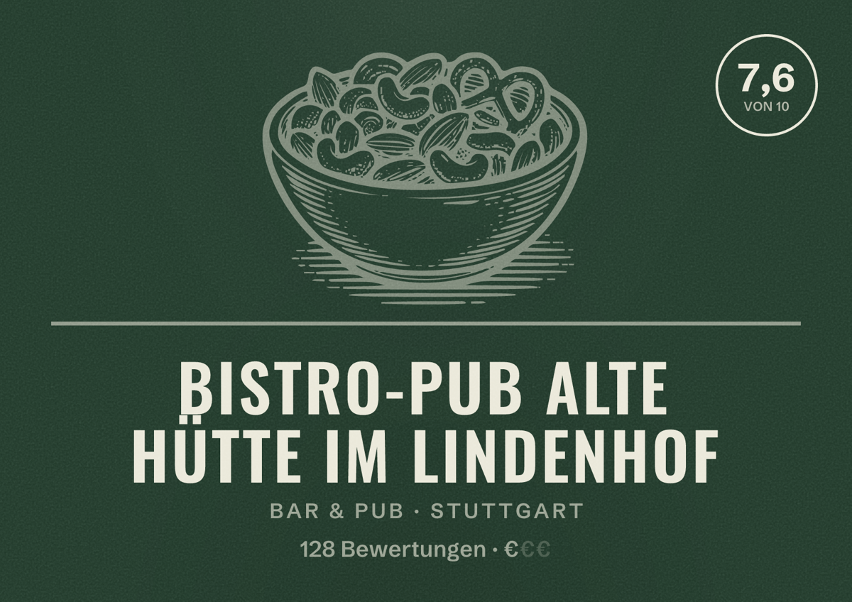 Illustriertes Poster von Bistro-Pub Alte Hütte im Lindenhof, Bar & Pub in Stuttgart: Bewertung 7,6 von 10 aus 128 Bewertungen, Preisniveau €