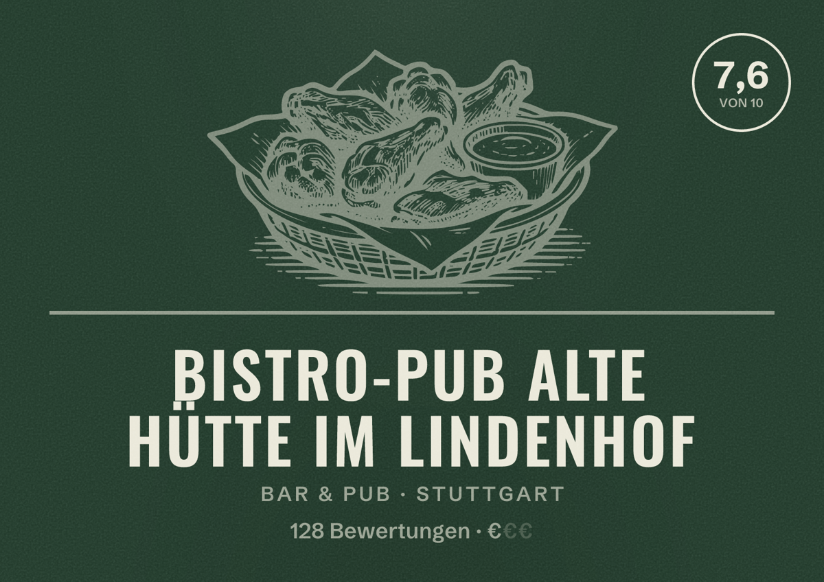 Illustriertes Poster von Bistro-Pub Alte Hütte im Lindenhof, Bar & Pub in Stuttgart: Bewertung 7,6 von 10 aus 128 Bewertungen, Preisniveau €