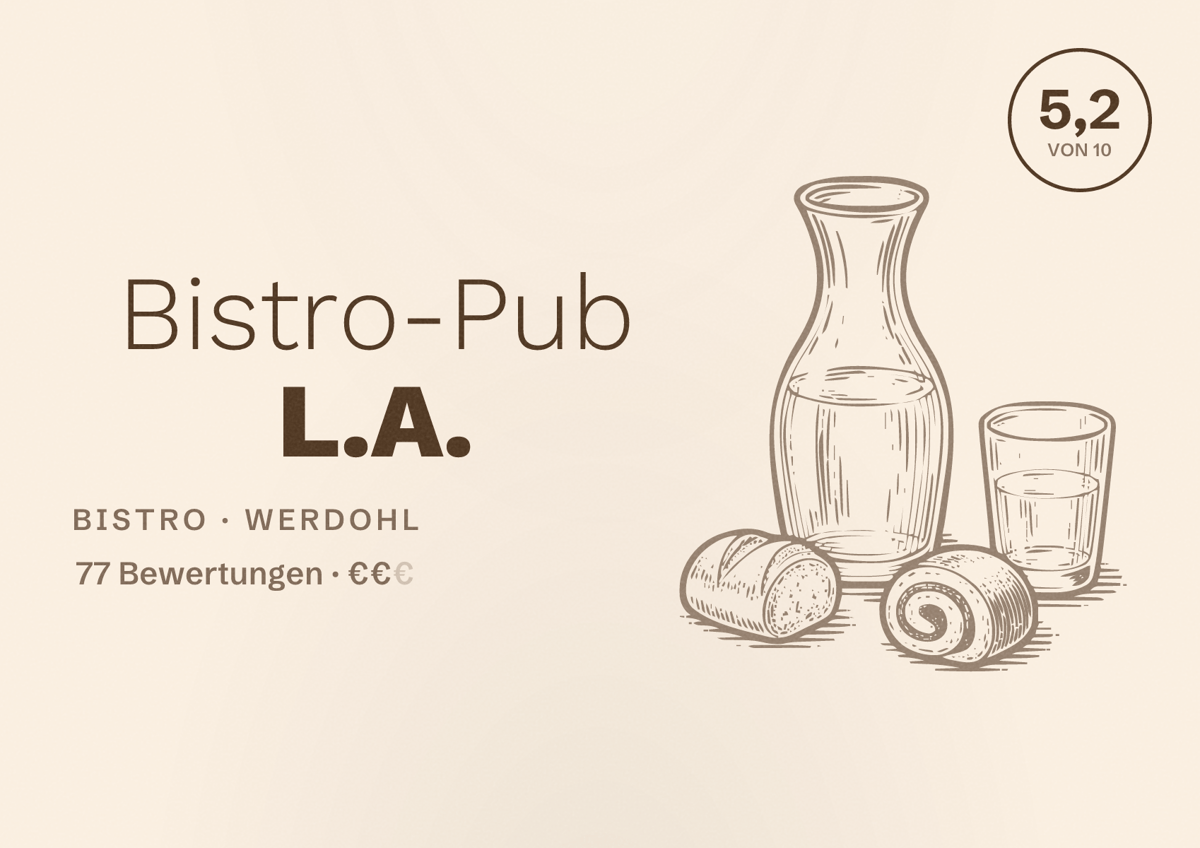 Illustriertes Poster von Bistro-Pub L.A., Bistro in Werdohl: Bewertung 5,2 von 10 aus 77 Bewertungen, Preisniveau €€
