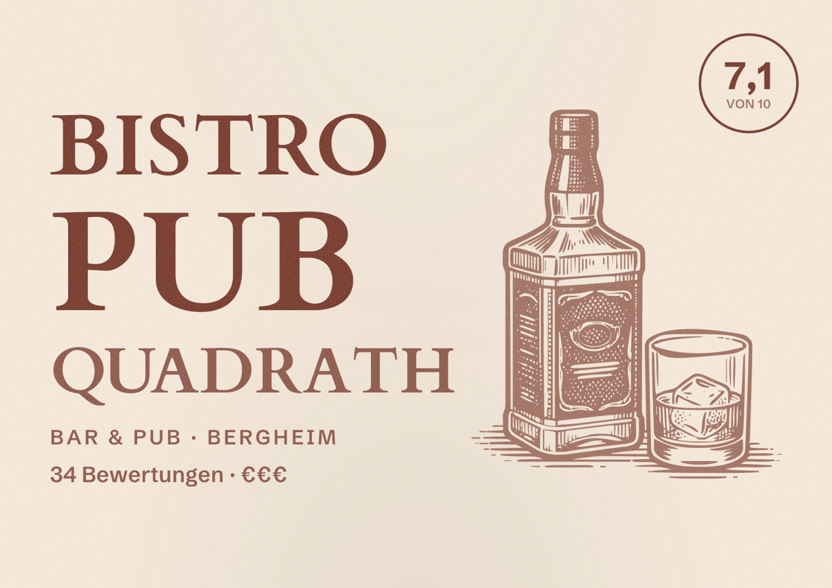 Illustriertes Poster von Bistro Pub Quadrath, Bar & Pub in Bergheim: Bewertung 7,1 von 10 aus 34 Bewertungen, Preisniveau €€€