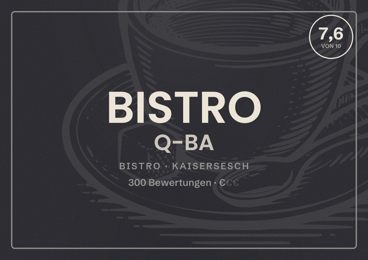 Illustriertes Poster von BISTRO Q-BA, Bistro in Kaisersesch: Bewertung 7,6 von 10 aus 300 Bewertungen, Preisniveau €