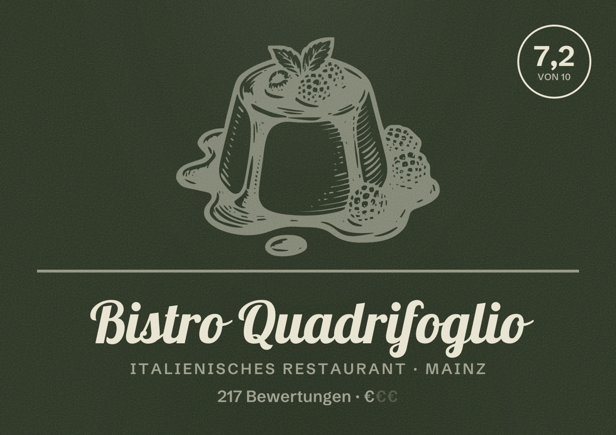 Illustriertes Poster von Bistro Quadrifoglio, Italienisches Restaurant in Mainz: Bewertung 7,2 von 10 aus 217 Bewertungen, Preisniveau €