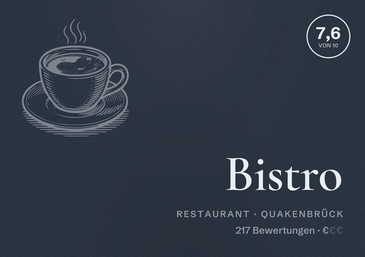 Illustriertes Poster von Bistro, Restaurant in Quakenbrück: Bewertung 7,6 von 10 aus 217 Bewertungen, Preisniveau €