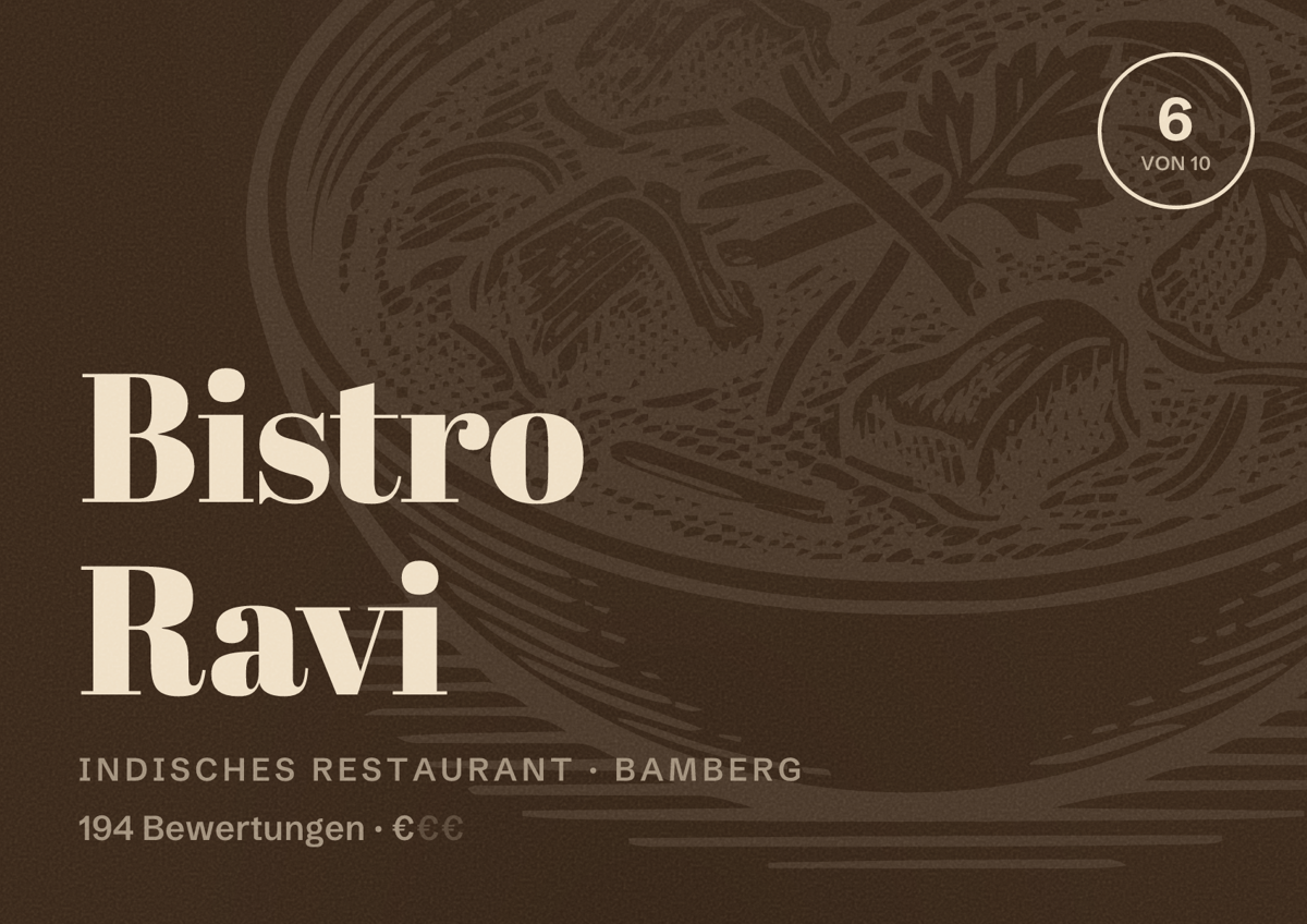 Illustriertes Poster von Bistro Ravi, Indisches Restaurant in Bamberg: Bewertung 6 von 10 aus 194 Bewertungen, Preisniveau €