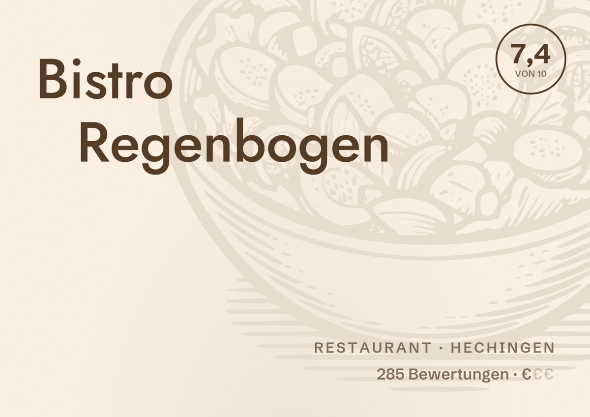 Illustriertes Poster von Bistro Regenbogen, Restaurant in Hechingen: Bewertung 7,4 von 10 aus 285 Bewertungen, Preisniveau €