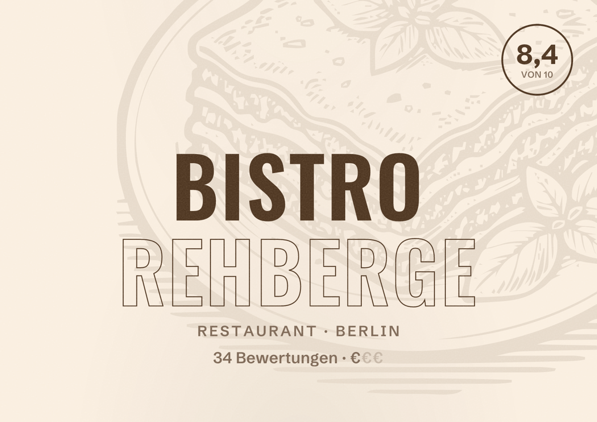 Illustriertes Poster von Bistro Rehberge, Restaurant in Berlin: Bewertung 8,4 von 10 aus 34 Bewertungen, Preisniveau €