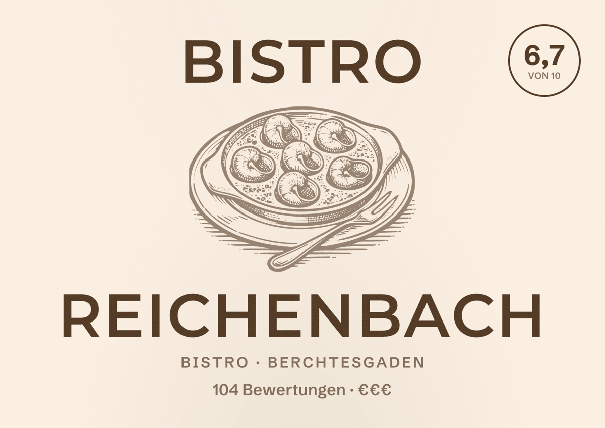 Illustriertes Poster von Bistro Reichenbach, Bistro in Berchtesgaden: Bewertung 6,7 von 10 aus 104 Bewertungen, Preisniveau €€€