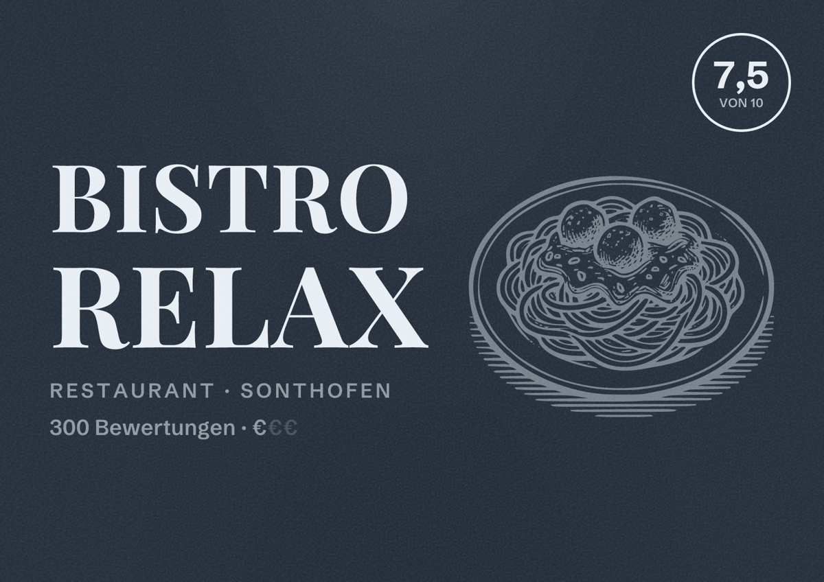 Illustriertes Poster von Bistro Relax, Restaurant in Sonthofen: Bewertung 7,5 von 10 aus 300 Bewertungen, Preisniveau €