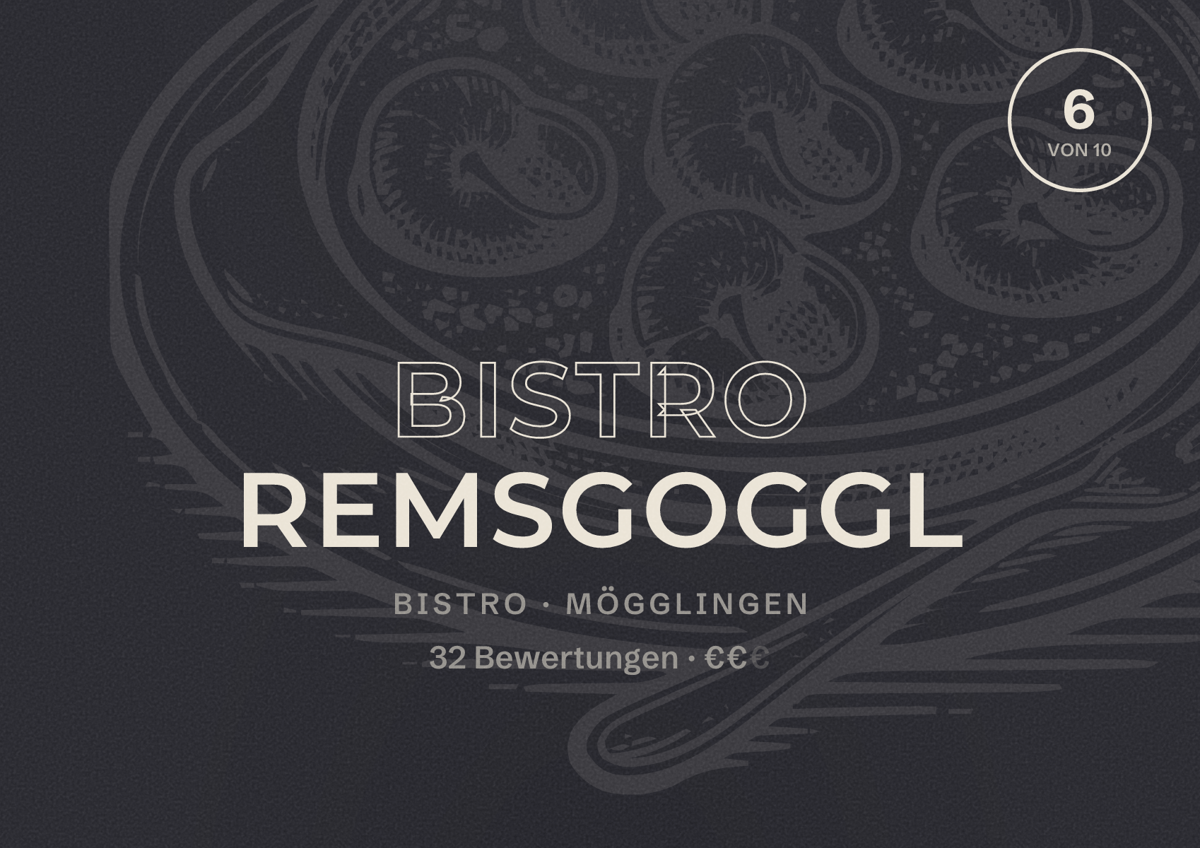 Illustriertes Poster von Bistro Remsgoggl, Bistro in Mögglingen: Bewertung 6 von 10 aus 32 Bewertungen, Preisniveau €€