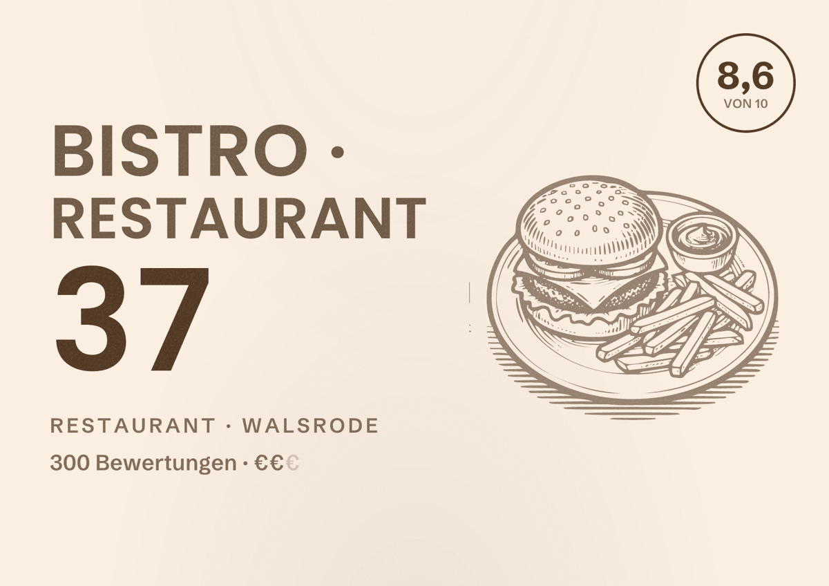 Illustriertes Poster von Bistro · Restaurant 37, Restaurant in Walsrode: Bewertung 8,6 von 10 aus 300 Bewertungen, Preisniveau €€