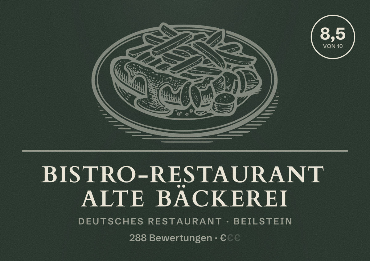 Illustriertes Poster von Bistro-Restaurant Alte Bäckerei, Deutsches Restaurant in Beilstein: Bewertung 8,5 von 10 aus 288 Bewertungen, Preisniveau €