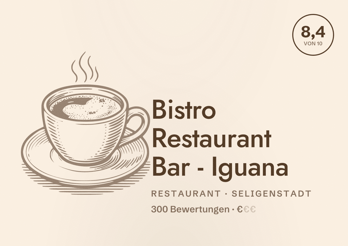 Illustriertes Poster von Bistro Restaurant Bar - Iguana, Restaurant in Seligenstadt: Bewertung 8,4 von 10 aus 300 Bewertungen, Preisniveau €