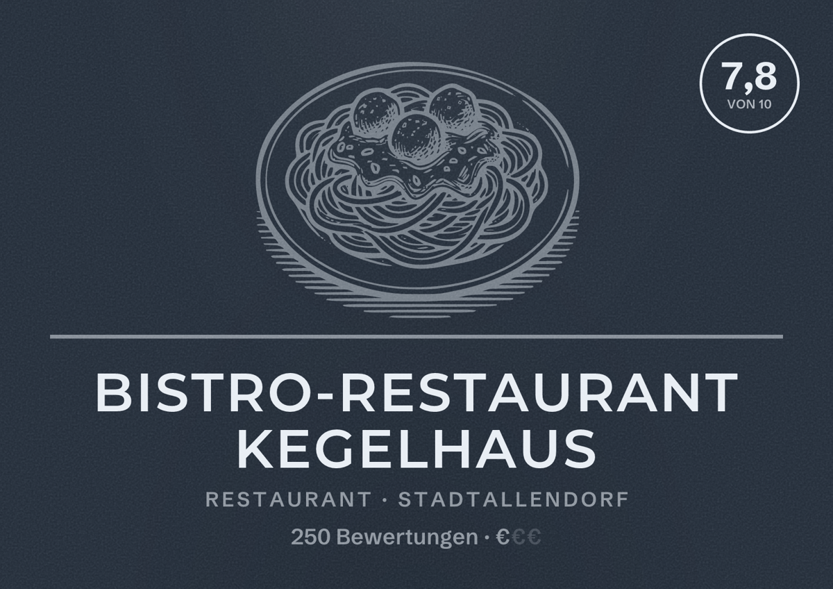 Illustriertes Poster von Bistro-Restaurant Kegelhaus, Restaurant in Stadtallendorf: Bewertung 7,8 von 10 aus 250 Bewertungen, Preisniveau €