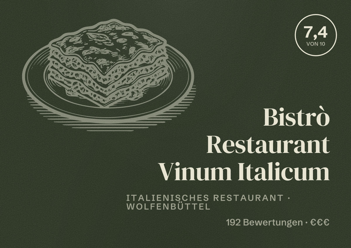 Illustriertes Poster von Bistrò Restaurant Vinum Italicum, Italienisches Restaurant in Wolfenbüttel: Bewertung 7,4 von 10 aus 192 Bewertungen, Preisniveau €€€