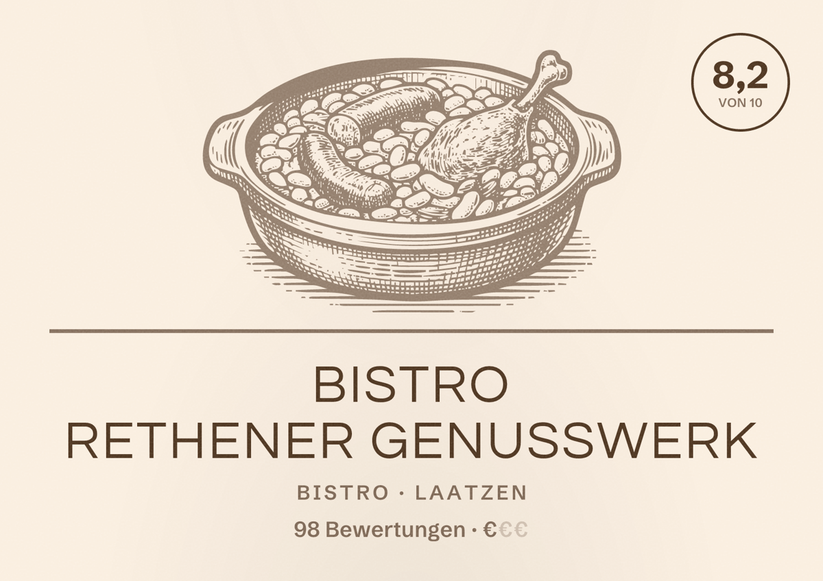 Illustriertes Poster von Bistro Rethener Genusswerk, Bistro in Laatzen: Bewertung 8,2 von 10 aus 98 Bewertungen, Preisniveau €