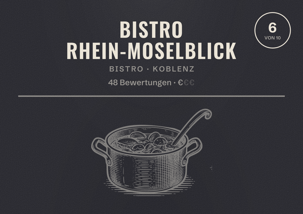 Illustriertes Poster von Bistro Rhein-Moselblick, Bistro in Koblenz: Bewertung 6 von 10 aus 48 Bewertungen, Preisniveau €