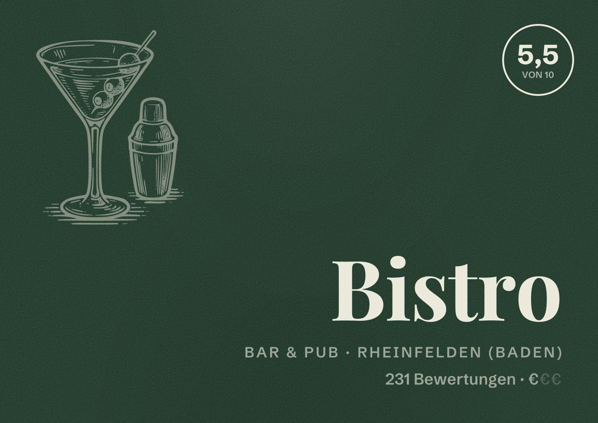 Illustriertes Poster von Bistro, Bar & Pub in Rheinfelden (Baden): Bewertung 5,5 von 10 aus 231 Bewertungen, Preisniveau €