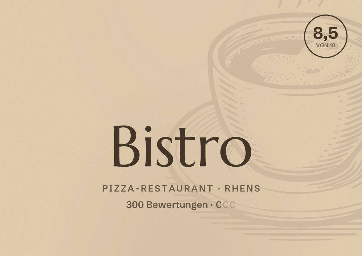 Illustriertes Poster von Bistro, Pizza-Restaurant in Rhens: Bewertung 8,5 von 10 aus 300 Bewertungen, Preisniveau €