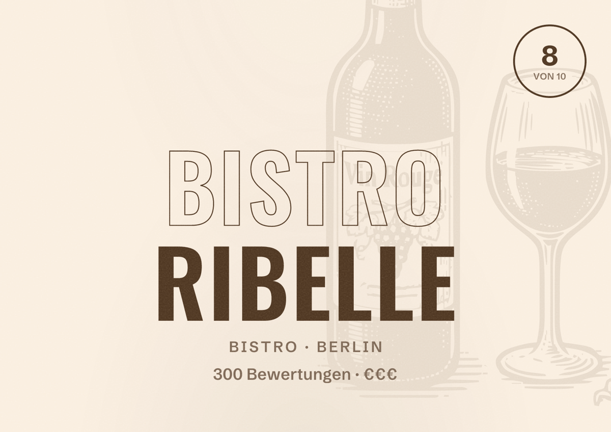 Illustriertes Poster von Bistro Ribelle, Bistro in Berlin: Bewertung 8 von 10 aus 300 Bewertungen, Preisniveau €€€