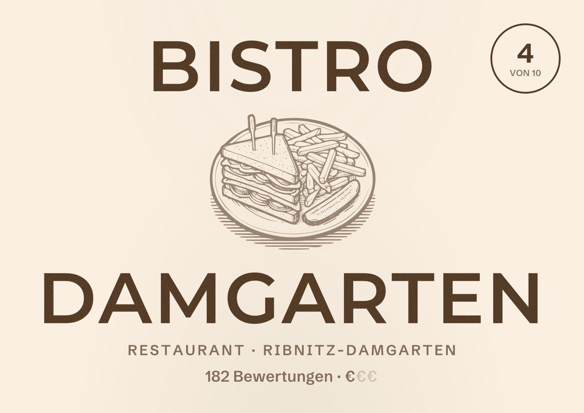 Illustriertes Poster von BISTRO DAMGARTEN, Restaurant in Ribnitz-Damgarten: Bewertung 4 von 10 aus 182 Bewertungen, Preisniveau €