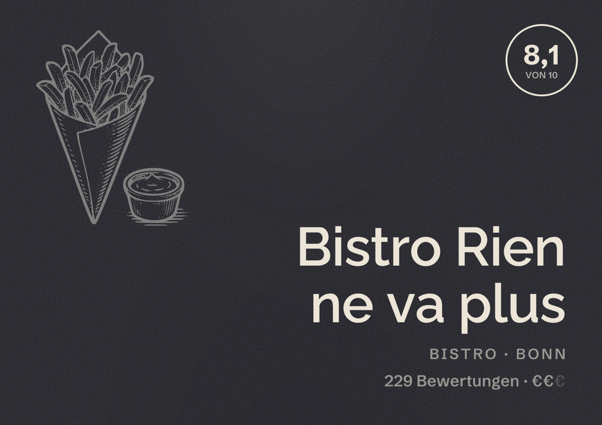 Illustriertes Poster von Bistro Rien ne va plus, Bistro in Bonn: Bewertung 8,1 von 10 aus 229 Bewertungen, Preisniveau €€