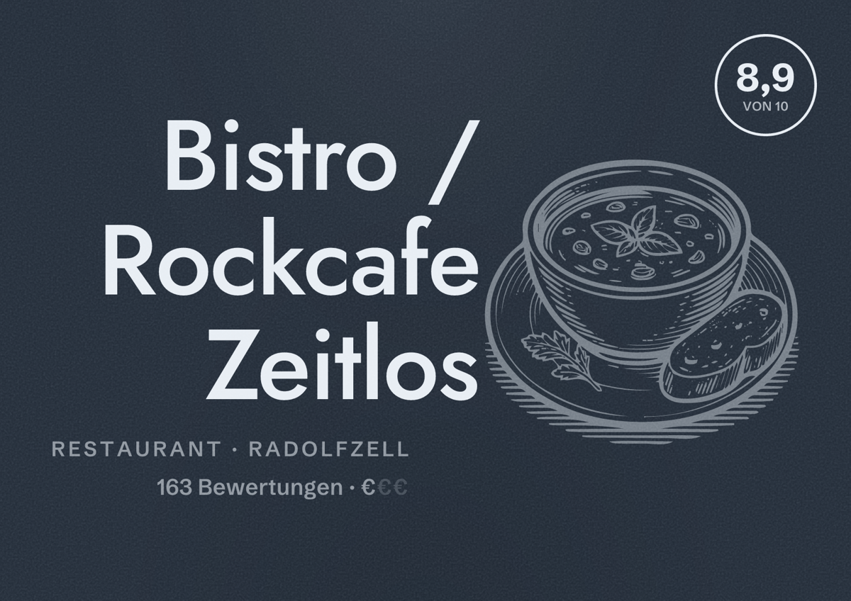 Illustriertes Poster von Bistro / Rockcafe Zeitlos, Restaurant in Radolfzell: Bewertung 8,9 von 10 aus 163 Bewertungen, Preisniveau €