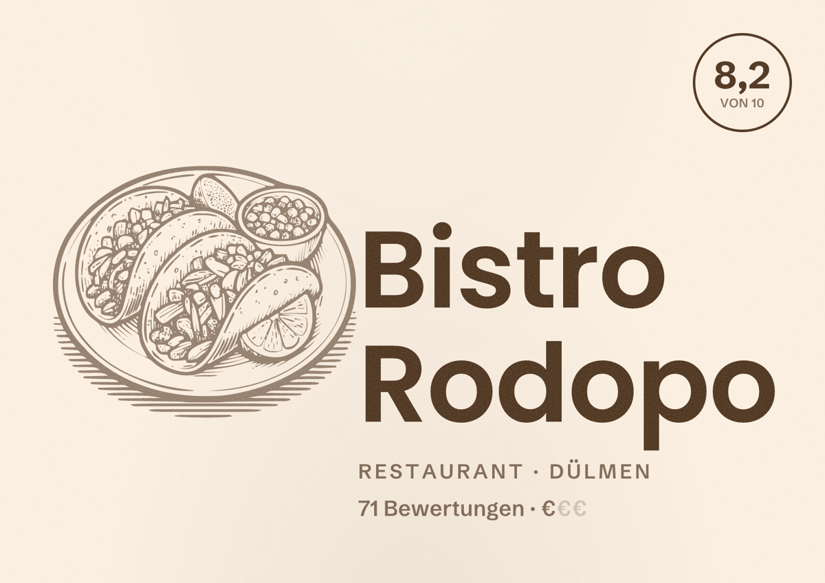 Illustriertes Poster von Bistro Rodopo, Restaurant in Dülmen: Bewertung 8,2 von 10 aus 71 Bewertungen, Preisniveau €