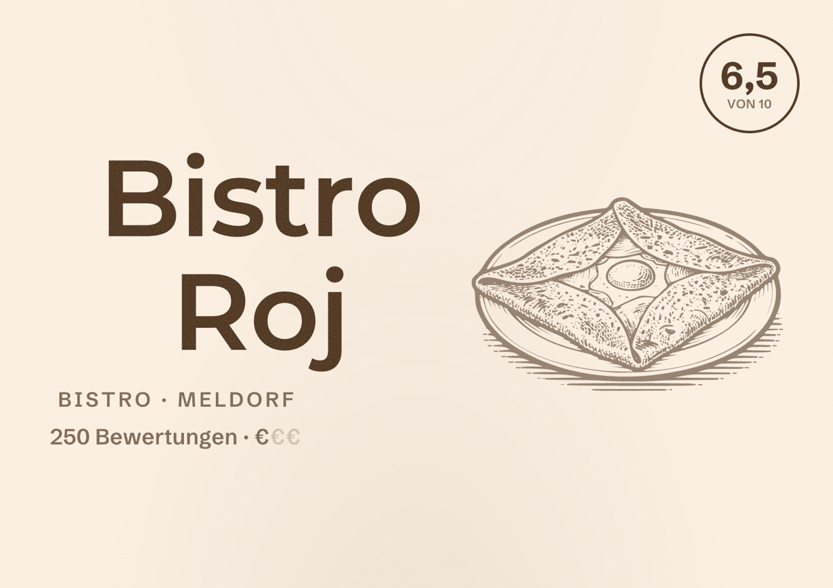 Illustriertes Poster von Bistro Roj, Bistro in Meldorf: Bewertung 6,5 von 10 aus 250 Bewertungen, Preisniveau €