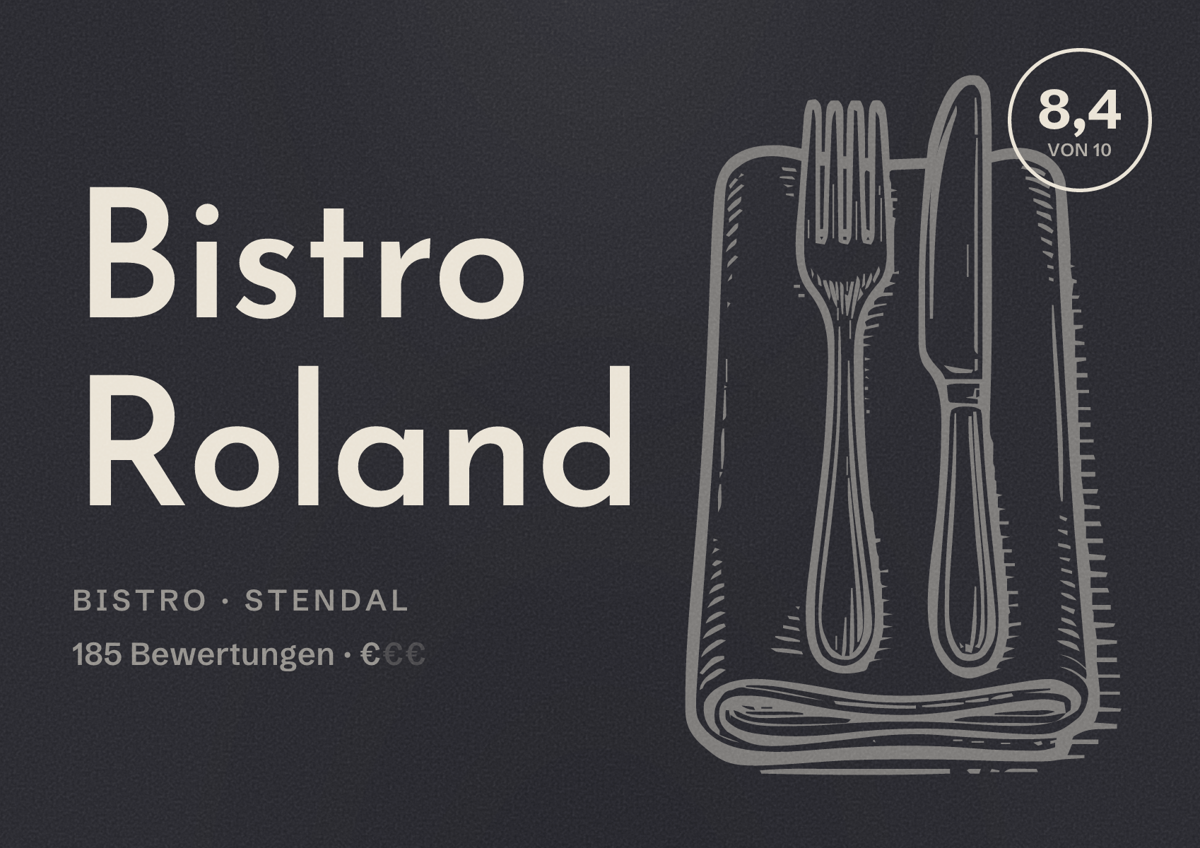 Illustriertes Poster von Bistro Roland, Bistro in Stendal: Bewertung 8,4 von 10 aus 185 Bewertungen, Preisniveau €