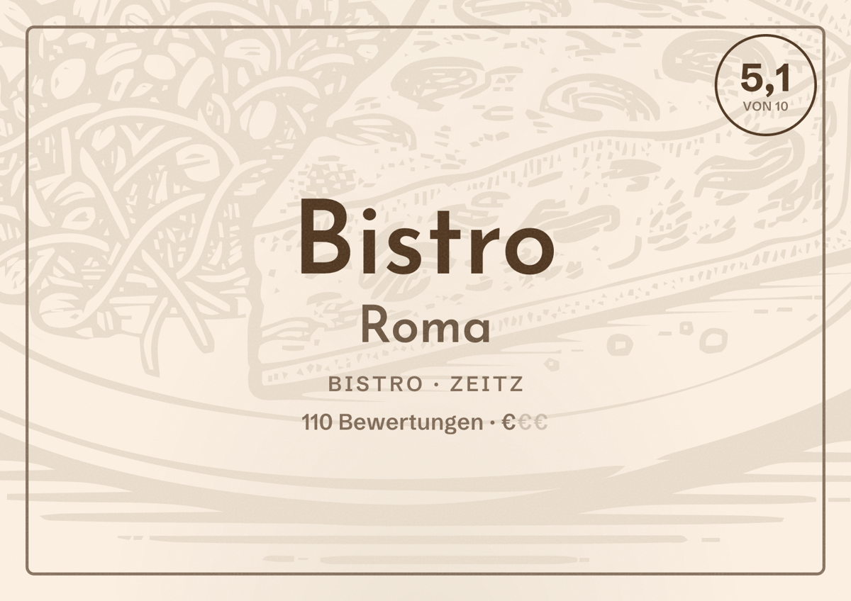 Illustriertes Poster von Bistro Roma, Bistro in Zeitz: Bewertung 5,1 von 10 aus 110 Bewertungen, Preisniveau €