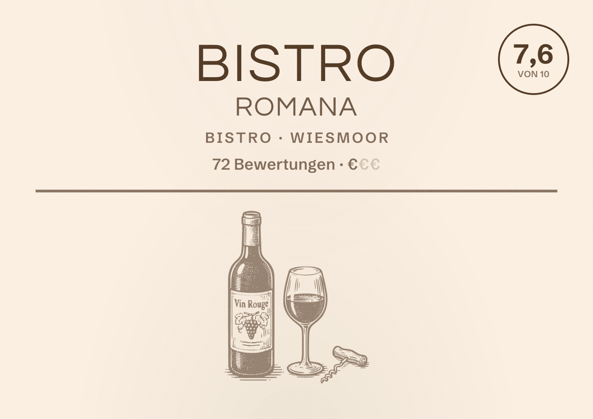 Illustriertes Poster von Bistro Romana, Bistro in Wiesmoor: Bewertung 7,6 von 10 aus 72 Bewertungen, Preisniveau €