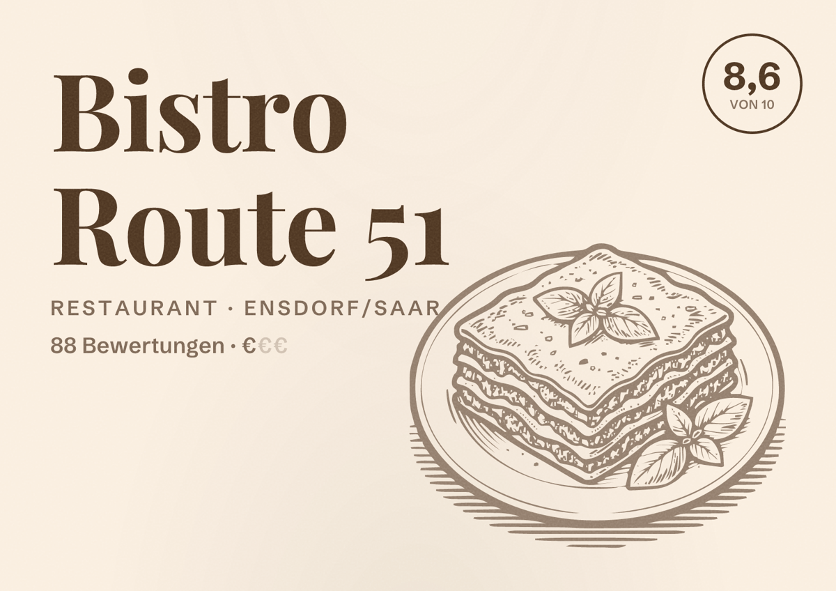 Illustriertes Poster von Bistro Route 51, Restaurant in Ensdorf/Saar: Bewertung 8,6 von 10 aus 88 Bewertungen, Preisniveau €