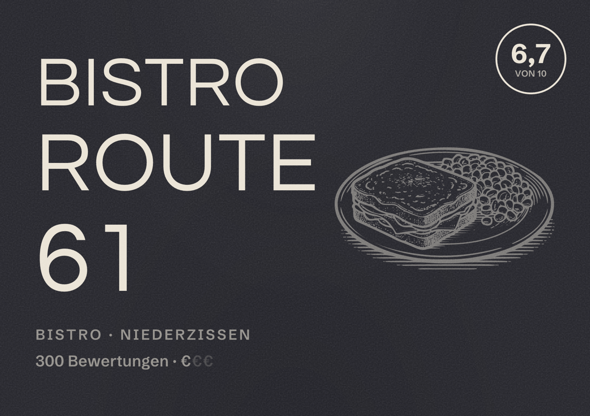 Illustriertes Poster von Bistro Route 61, Bistro in Niederzissen: Bewertung 6,7 von 10 aus 300 Bewertungen, Preisniveau €