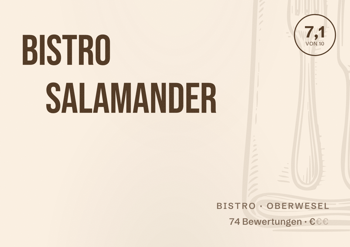 Illustriertes Poster von Bistro Salamander, Bistro in Oberwesel: Bewertung 7,1 von 10 aus 74 Bewertungen, Preisniveau €