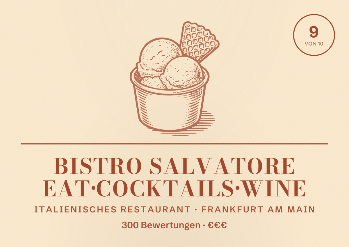Illustriertes Poster von Bistro Salvatore Eat•Cocktails•Wine, Italienisches Restaurant in Frankfurt am Main: Bewertung 9 von 10 aus 300 Bewertungen, Preisniveau €€€