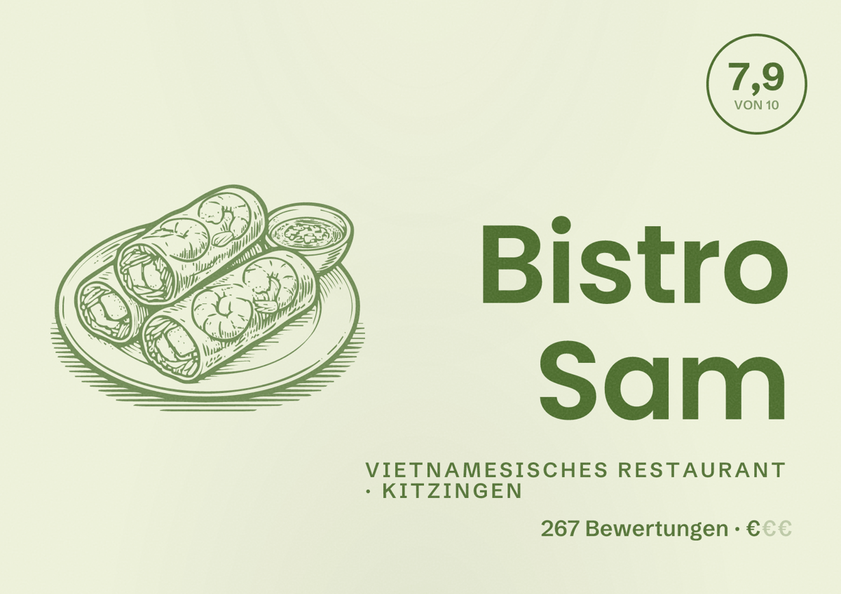 Illustriertes Poster von Bistro Sam, Vietnamesisches Restaurant in Kitzingen: Bewertung 7,9 von 10 aus 267 Bewertungen, Preisniveau €