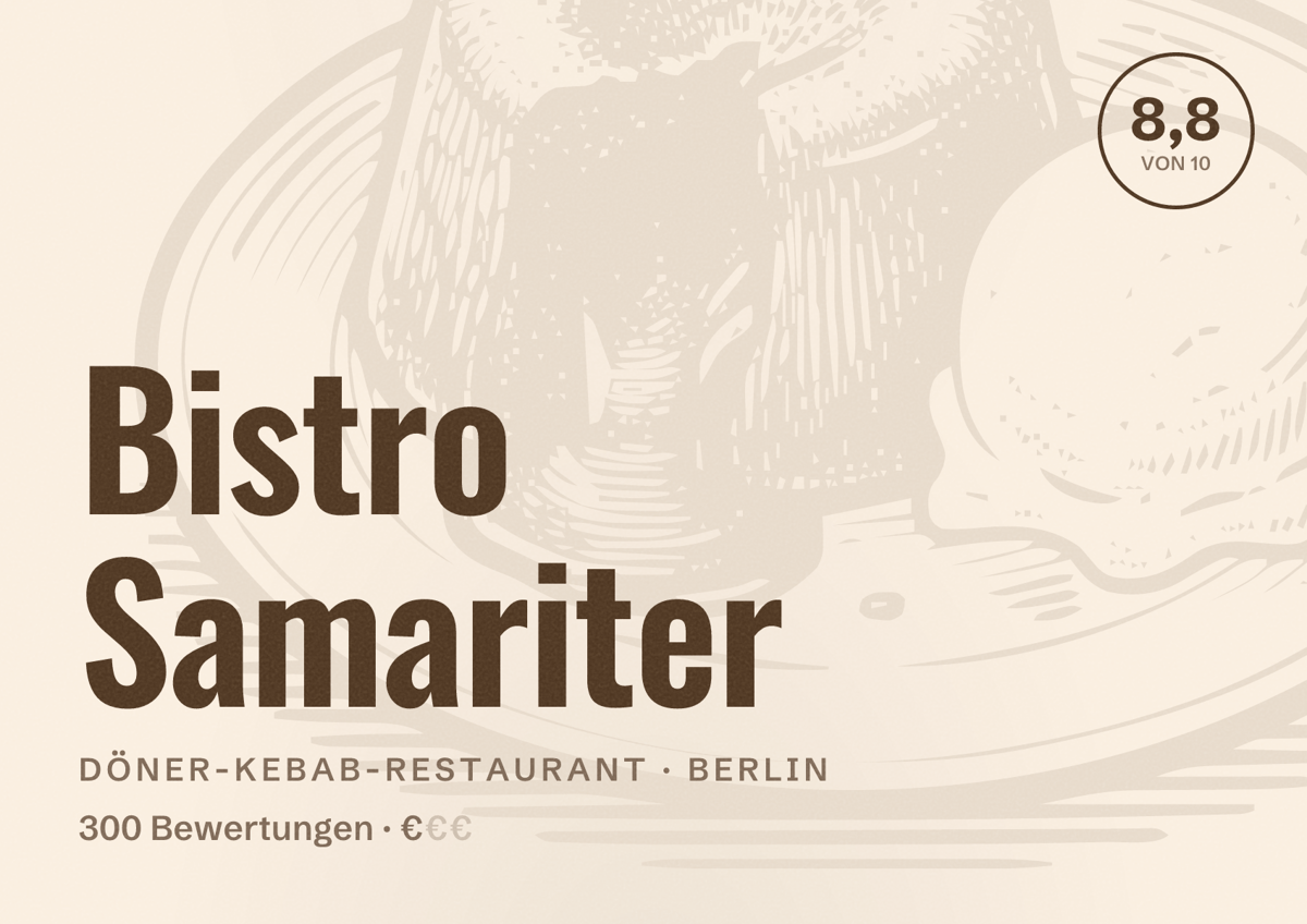 Illustriertes Poster von Bistro Samariter, Döner-Kebab-Restaurant in Berlin: Bewertung 8,8 von 10 aus 300 Bewertungen, Preisniveau €