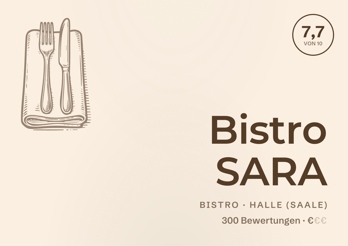Illustriertes Poster von Bistro SARA, Bistro in Halle (Saale): Bewertung 7,7 von 10 aus 300 Bewertungen, Preisniveau €