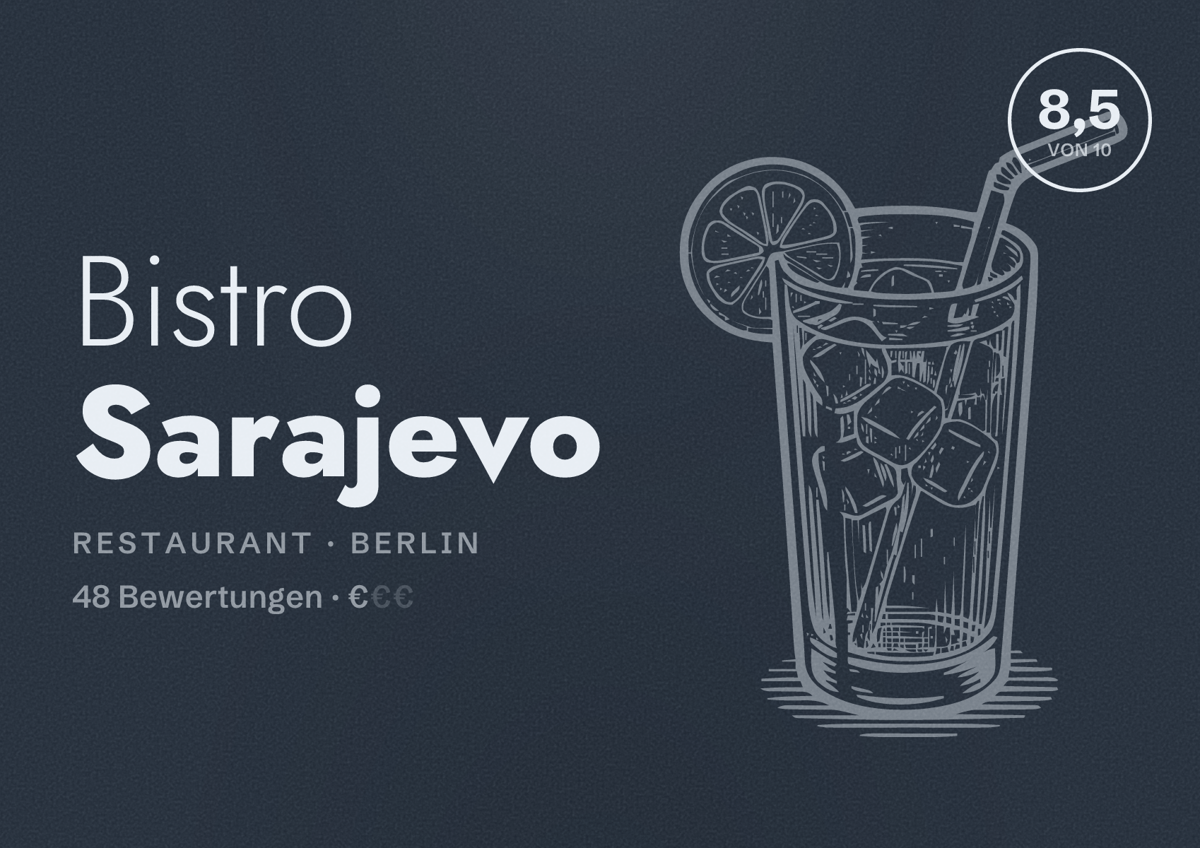 Illustriertes Poster von Bistro Sarajevo, Restaurant in Berlin: Bewertung 8,5 von 10 aus 48 Bewertungen, Preisniveau €