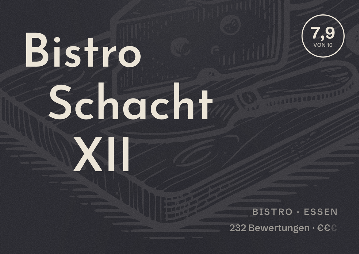 Illustriertes Poster von Bistro Schacht XII, Bistro in Essen: Bewertung 7,9 von 10 aus 232 Bewertungen, Preisniveau €€