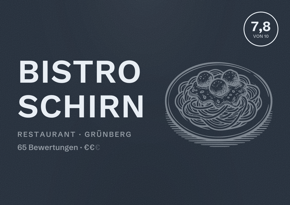 Illustriertes Poster von Bistro Schirn, Restaurant in Grünberg: Bewertung 7,8 von 10 aus 65 Bewertungen, Preisniveau €€
