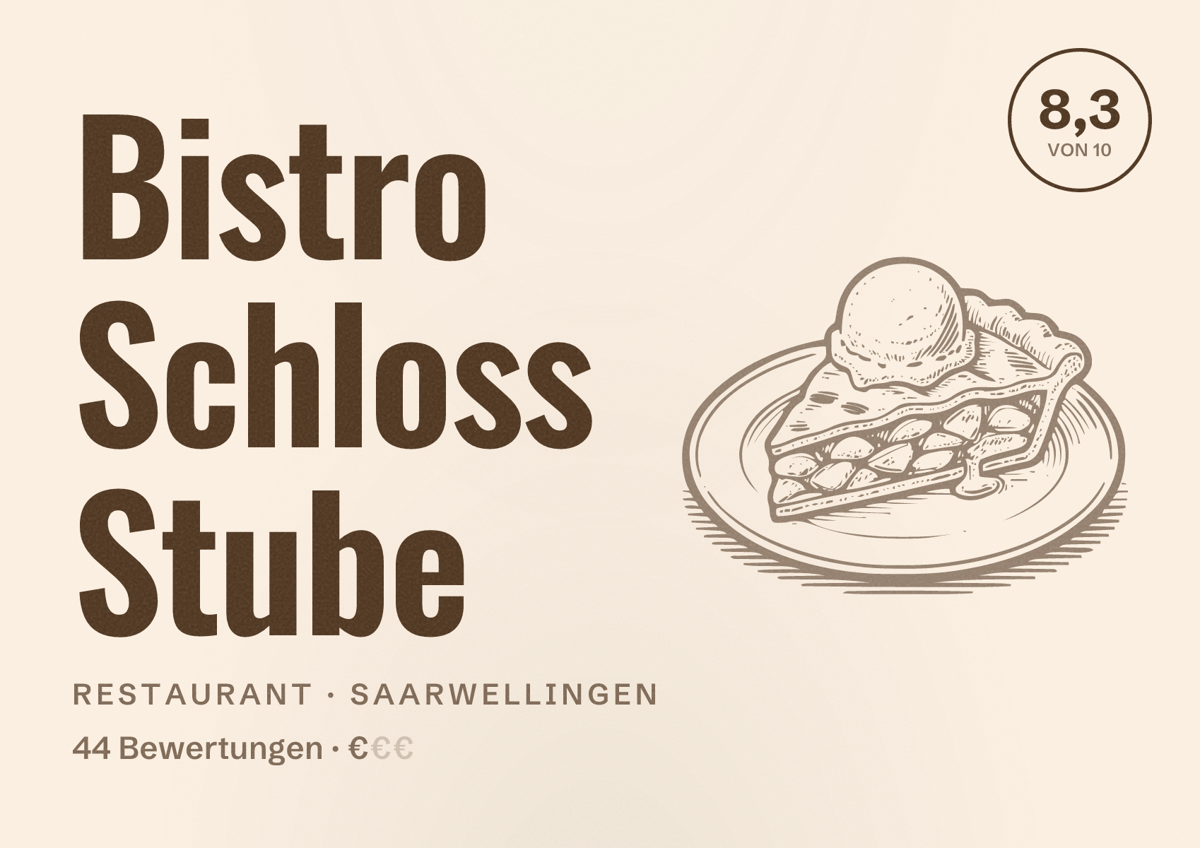Illustriertes Poster von Bistro Schloss Stube, Restaurant in Saarwellingen: Bewertung 8,3 von 10 aus 44 Bewertungen, Preisniveau €